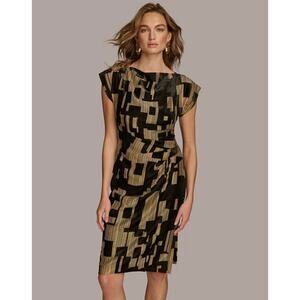 Donna Karan Printed Velvet Extended Shoulder Dress Knee Length Cocktail US 6 NWT